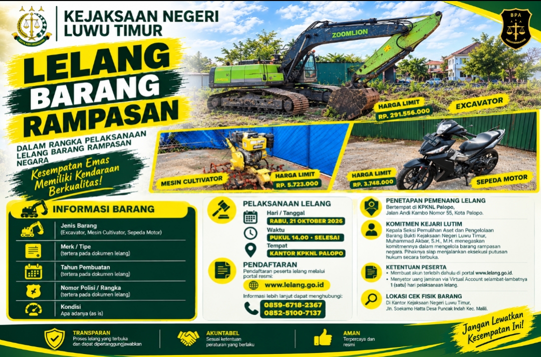 Dari Motor hingga Excavator, Kejari Luwu Timur Buka Lelang Barang Rampasan